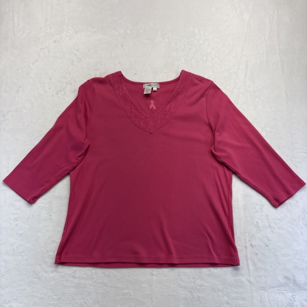Coldwater Creek Blouse Womens XL Pink V-Neck 3/4 Sleeve Breast Cancer Awareness